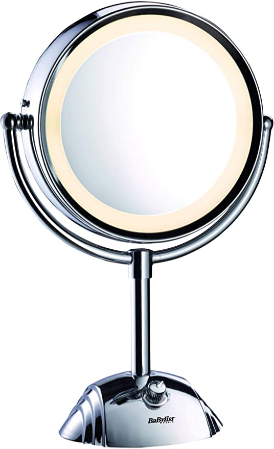 BaByliss 8438E Espejo de maquillaje doble. Aumentos: X1 y X8 .  3 tipos de luz diferentes. 2 bombillas.